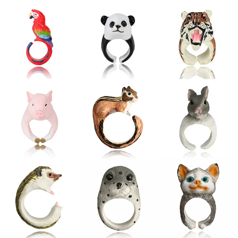 

12 Style Creative 3D Resin Simulation Parrot Tiger Dog Panda Rabbit Cartoon Animal Opening Ring Fashion Accessories