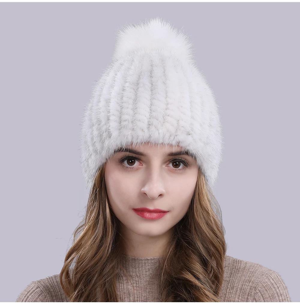 Lovely Real Mink Fur Hat Women Winter Knitted Real Mink Fur Beanies Hats With Fox Fur Pom Poms New Thick Real Mink Fur Cap