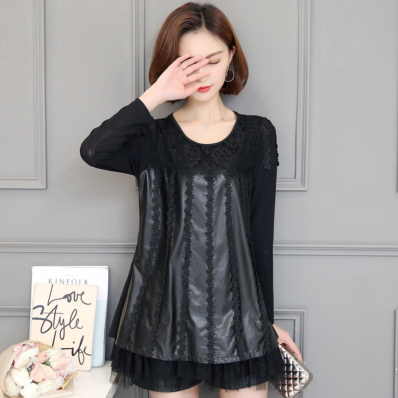 

2017 Autumn Plus size L-5XL 6XL mesh lace patchwork PU leather pullovers women big size big women PU leather blouses shirt tops