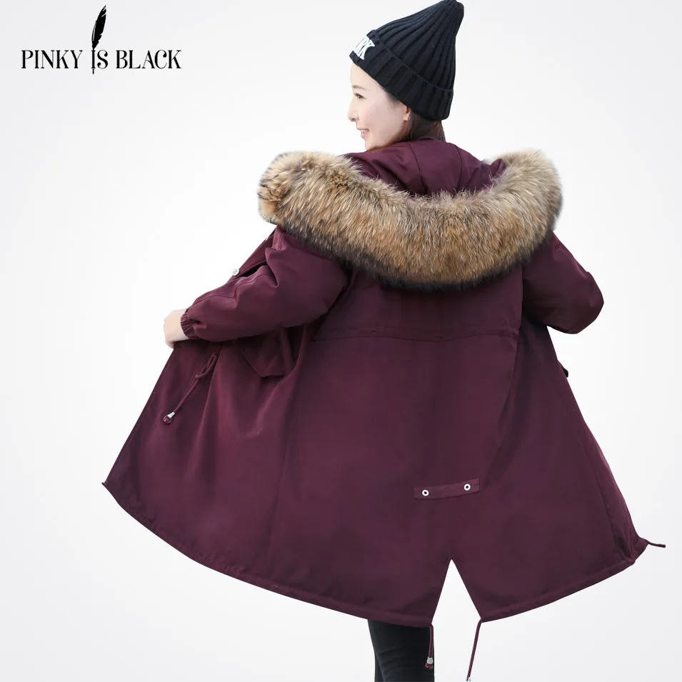 Мизинец черный зимняя куртка женская меховая парка с длинным капюшоном пальто зимнее пальто с хлопковой подкладкой Женская куртка Inverno - Цвет: Бургундия