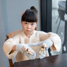 Милые теплые зимние шерстяные варежки с рисунком медведя для детей от 4 до 12 лет вязаные плотные бархатные перчатки для девочек, подарок для детей, мягкие перчатки A24