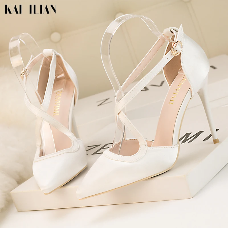 

Women shoes 2019 high heels cross tied pump silk elegant ladies shoe Female Summer shoe wedding thin heels off white pointed toe