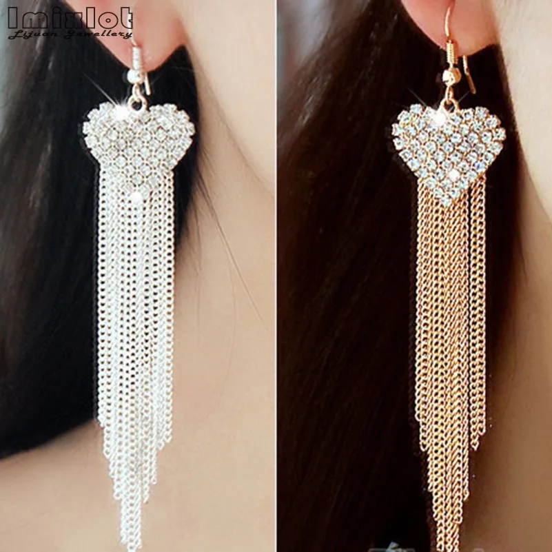 

Long Heart Shape Shiny Tassel Earrings Women Anti-Allergy Full Crystal Heart Earring Female Party Night Club Earrings Brincos