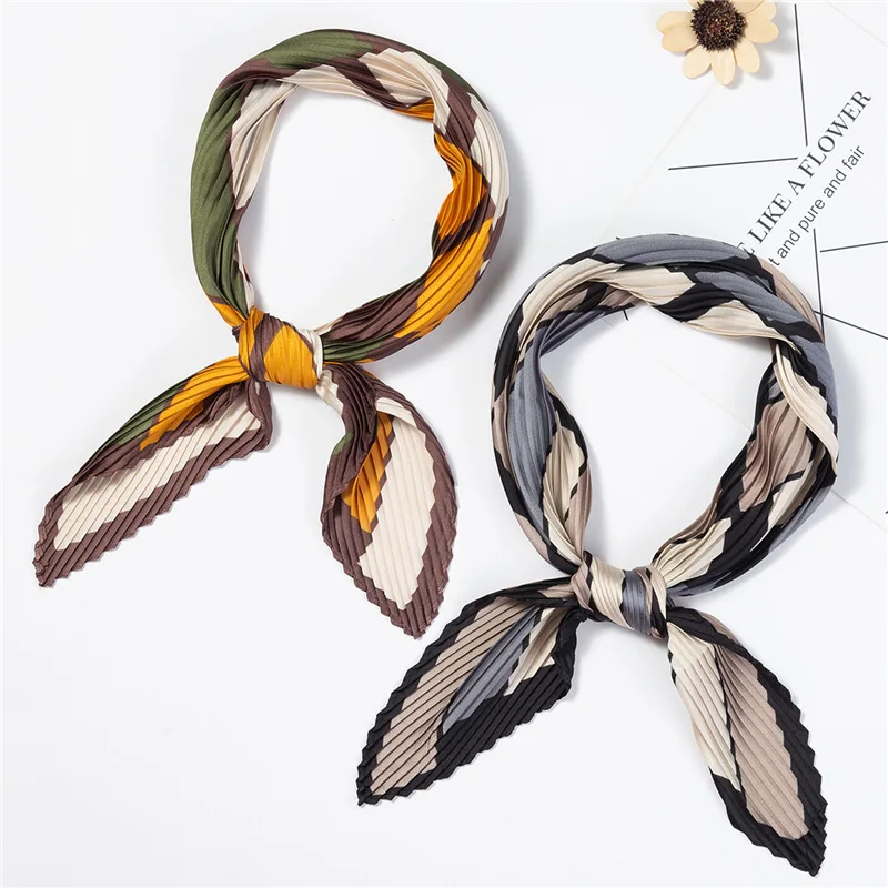

Women's Small Silk Square Scarf Crinkle Hair Scarfs for Ladies Pleated Scarves Print Female Foulard Neckerchief 100*30CM