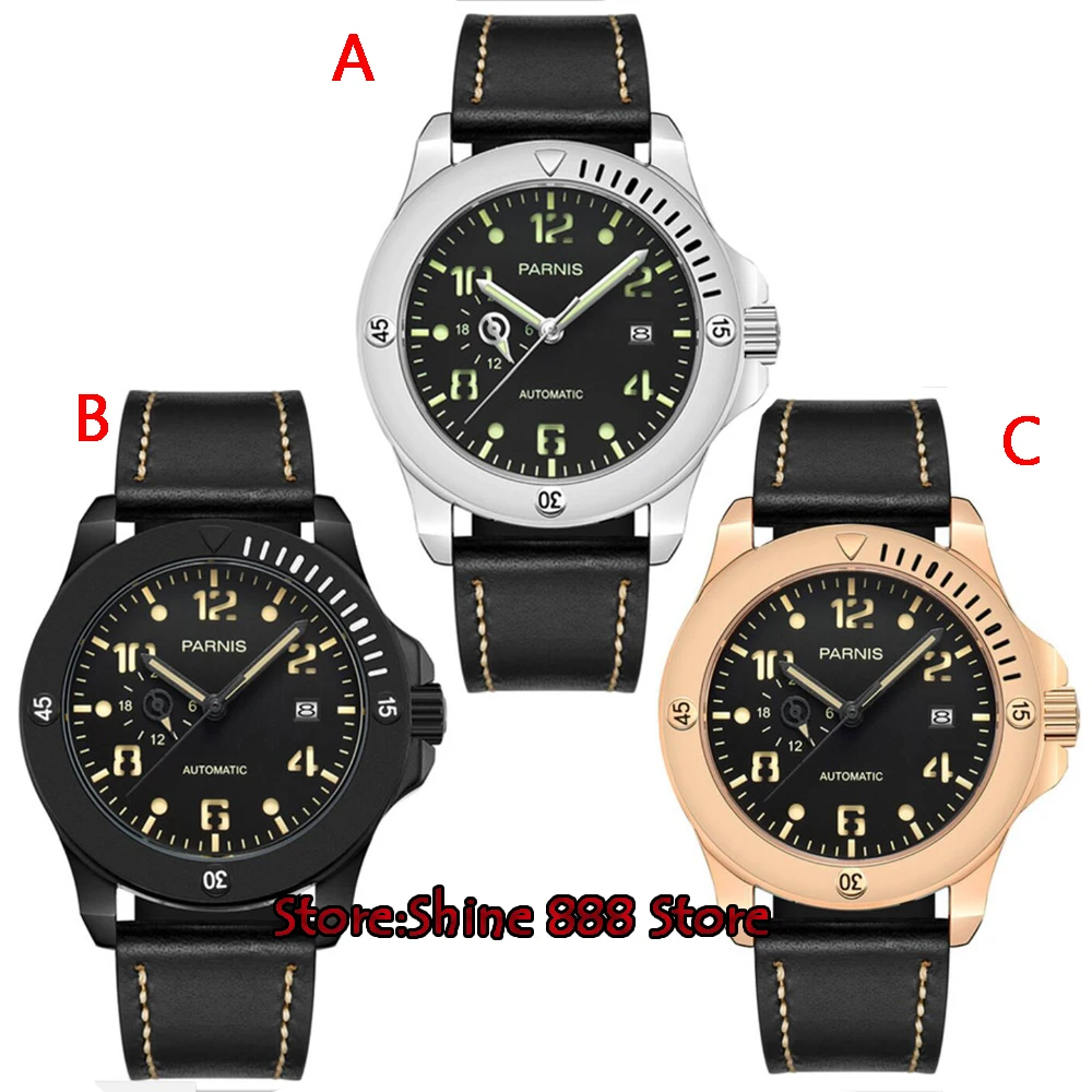 

43mm parnis black sandwich dial sapphire crystal miyota automatic mens watch