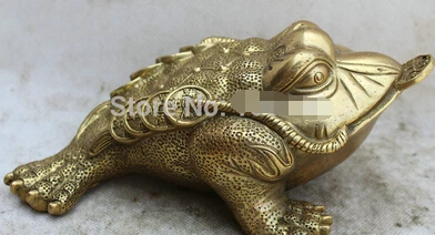 0 7.5" Chinese Brass Feng Shui Cion Money wealth Golden Toad Spittor Statue