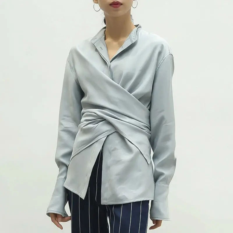 Women wrap blouse elegant slim women shirts casual stand collar long