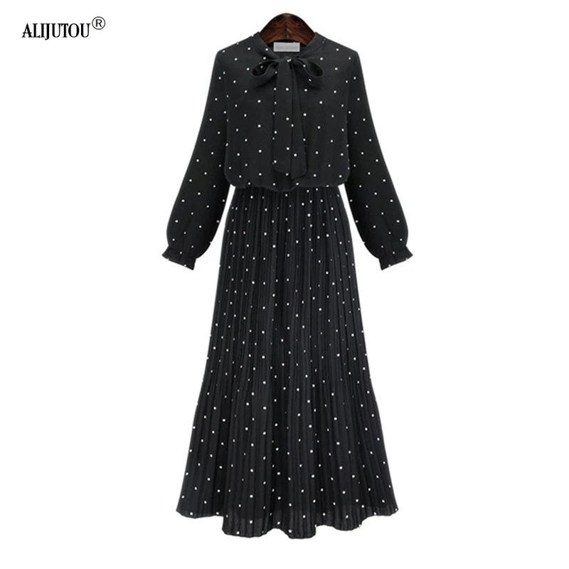 2019 Spring Summer O Neck Long Sleeve Solid Black Chiffon Dot Loose Big Size Dress For Women Fashion Tide Dresses Clothing | Женская