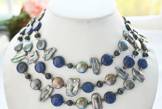 

ddh002871 48" 14mm blue coin lapis lazuli black biwa pearl crystal necklace