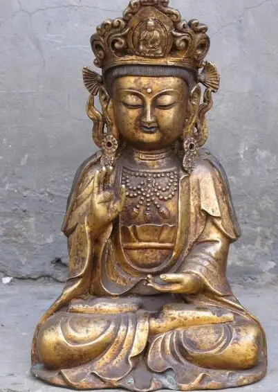 

S7274 16"Tibet Bronze gilded Hand fan headwear merciful Avalokitesvara KWAN-YIN Statue D0318