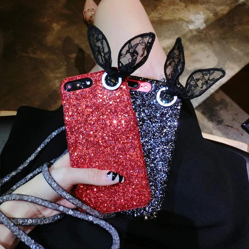 Aoweziic Hot Japan mobile phone shell female For iphone X XS XS MAX protective sleeve glitter lace 6s 7 8Plus strap rabbit ears