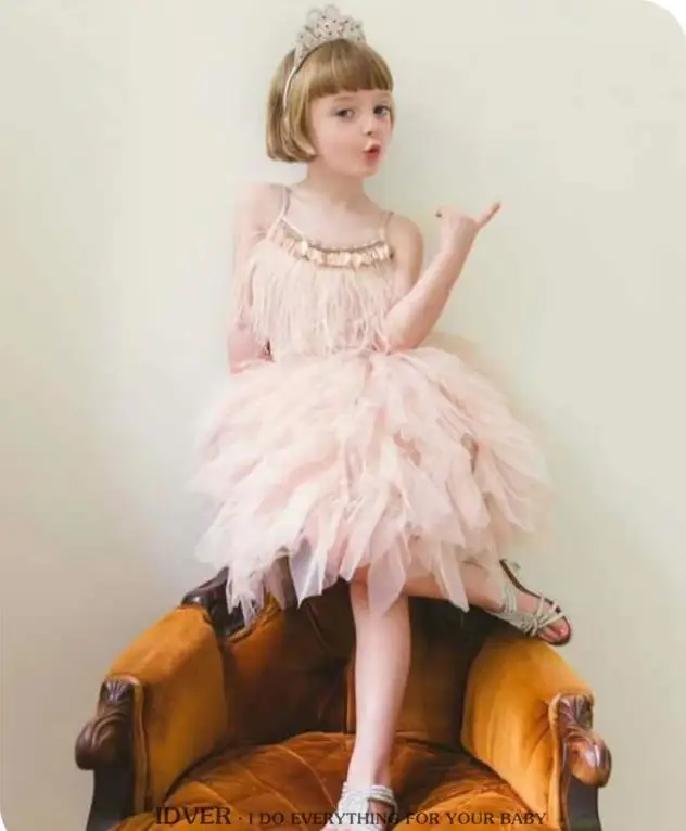 Kids Dress For Girls Flower Girl Fashion Feather Tassels Girls Wedding Party Girls Princess Dresses Clothes 2-10 Yrs