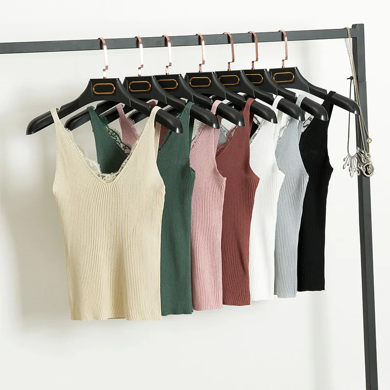 

2018 Sexy Women Crop Top Summer Plain Camisole Solid Color Lace Splicing Double V-neck Vest Slim Sling Tank Top Women H8