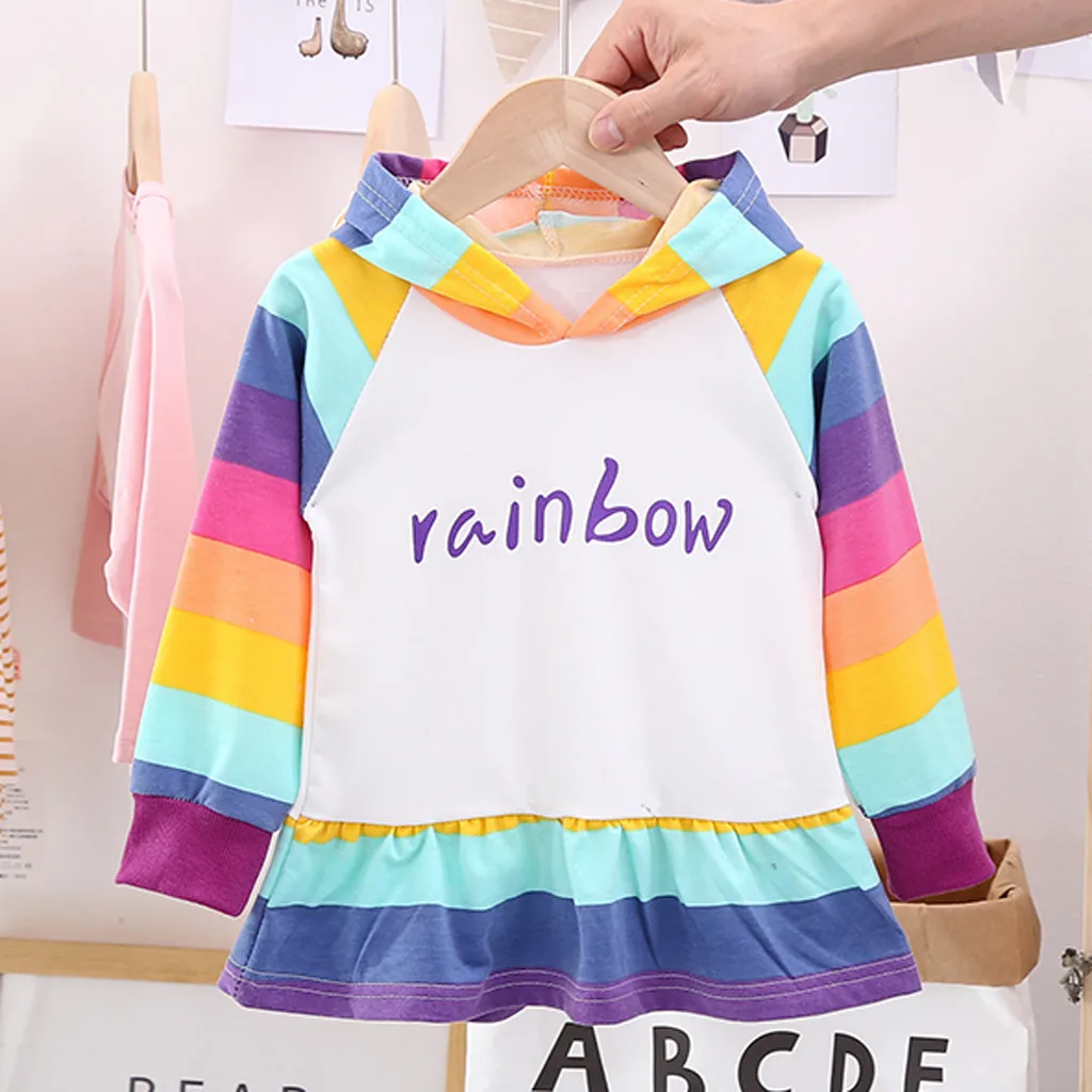 

MUQGEW Toddler Kids Clothing Baby Girls Striped Rainbow Cartoon Hooded Sweatshirt Coat Children Long Sleeve Casual Tops 2019