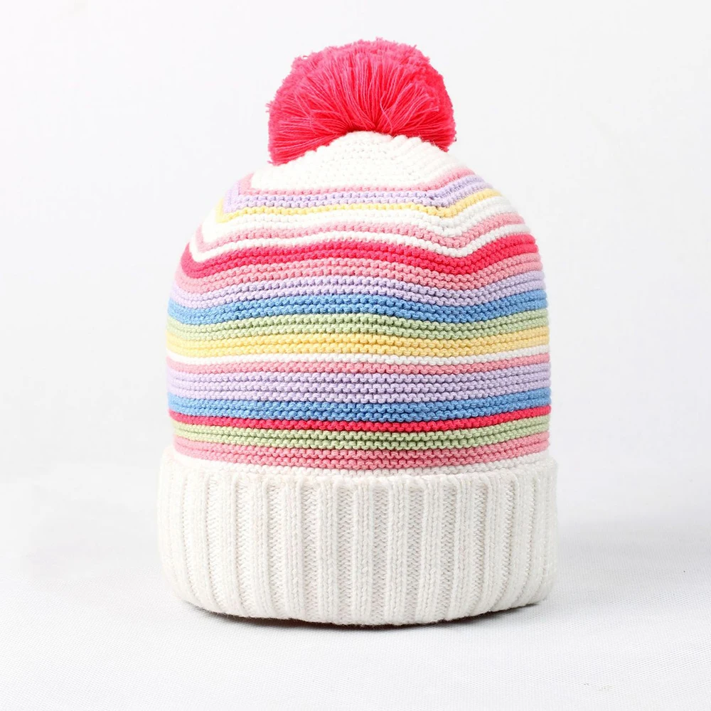 Girl Kids Beanie Winter Knit Hat Warm Cotton Brim Stripe Toddler Casual Outdoor Skiing  Accessory (7)