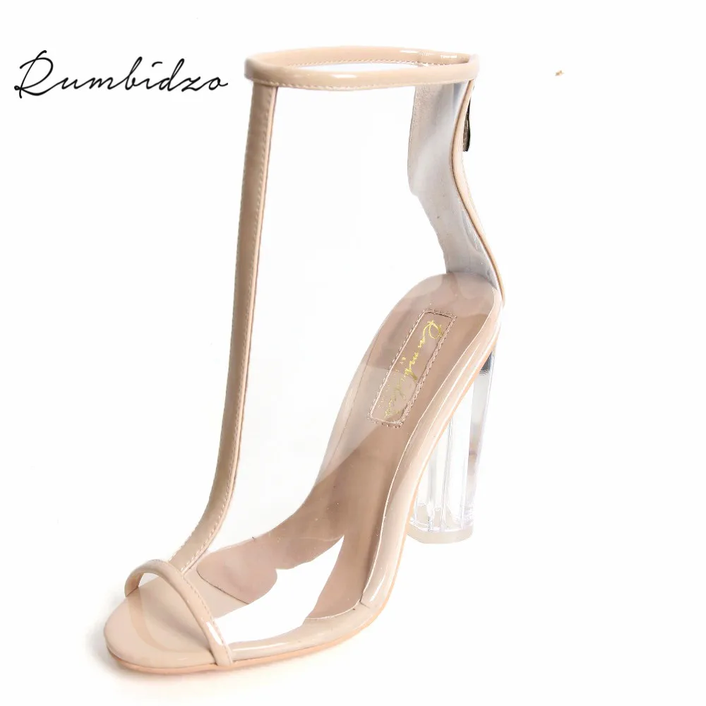 

Rumbidzo 2018 Sexy Women Sandals PVC Transparent High Heels Gladiator Peep Toe Shoes Clear Chunky Heels Women Sandalias