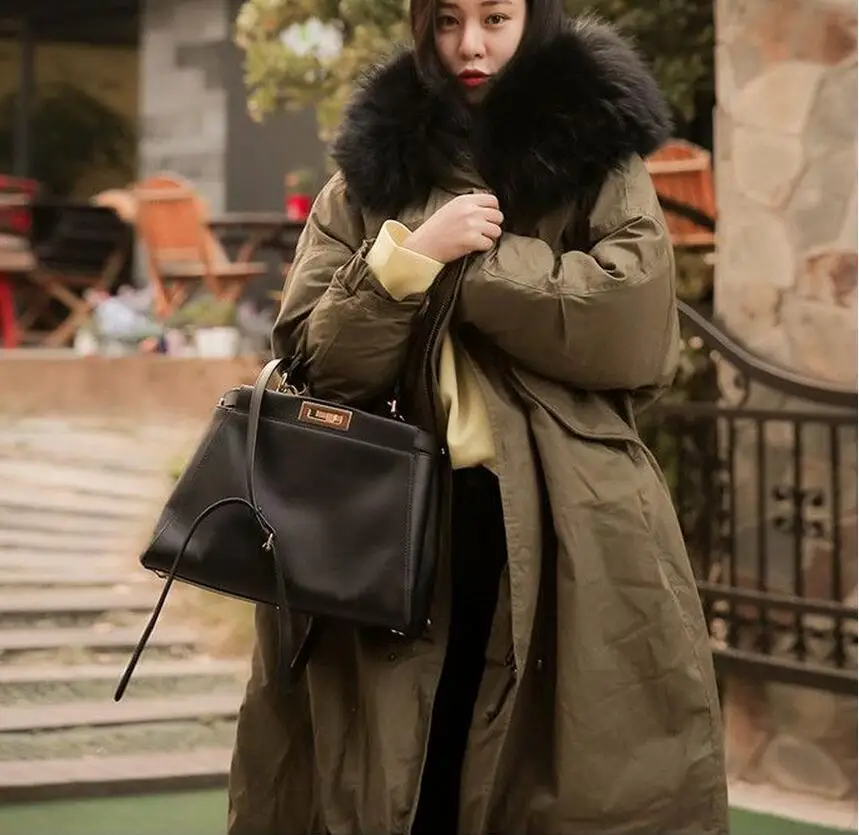 Зимнее женское пальто с большим меховым воротником, длинная куртка с капюшоном, утепленная Корейская стеганая парка, негабаритная Военная парка FC276 - Цвет: army green