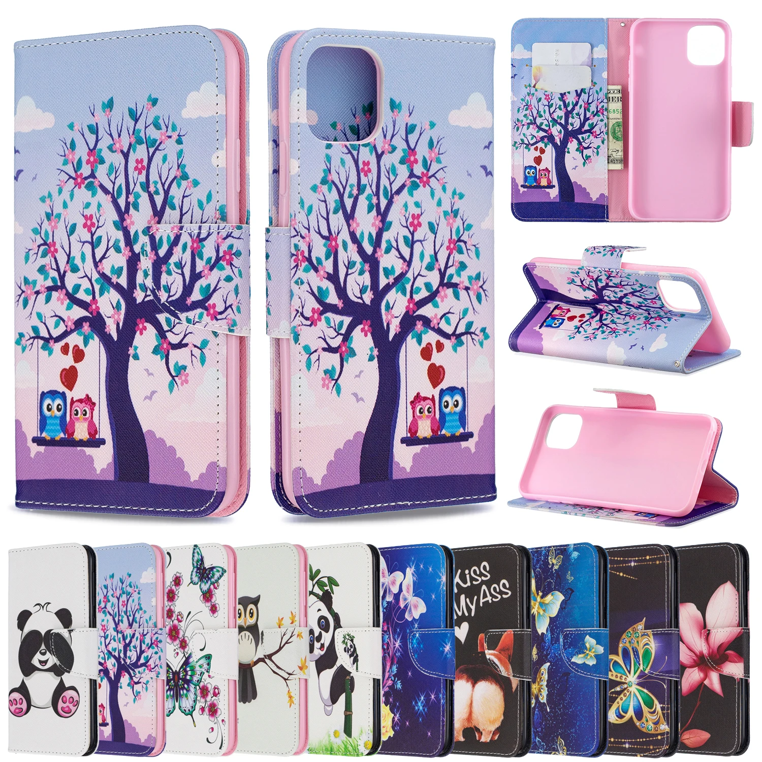 

Case For iphone x xr xs max Butterfly Beauty Printed PU Leather Card Wallet Stand Cute Panda Flip Covers For iPhone XS MAX XR 11