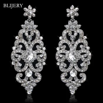 

BLIJERY Luxury Big Floral Crystal Dangle Earrings for Women Statement Wedding Earrings Silver Color Bridal Long Earrings
