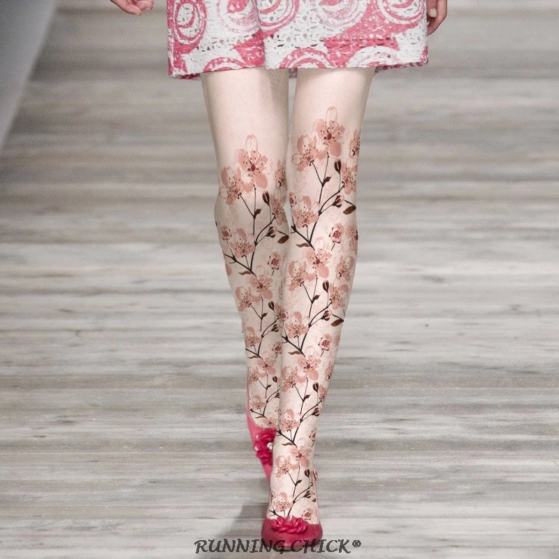 

Beautiful peach branches printed pantyhose velvet backing socks