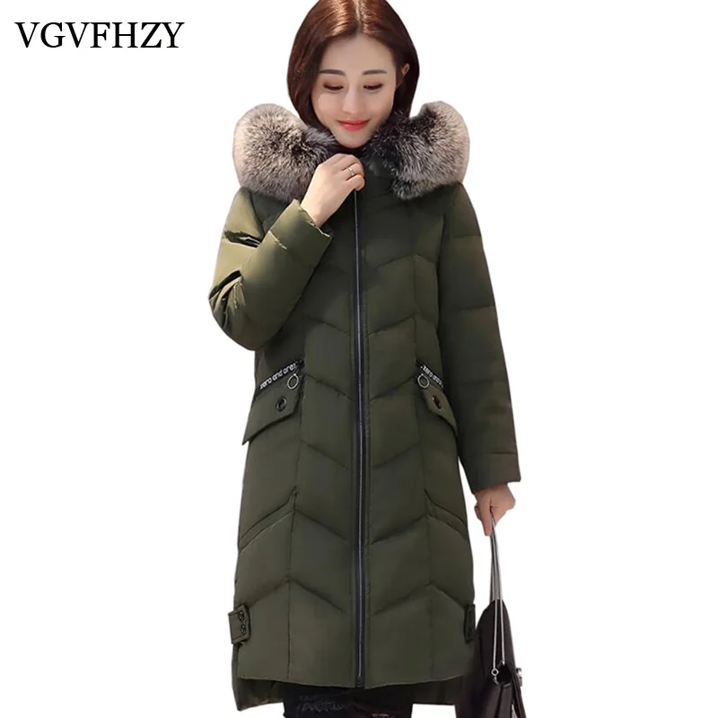 Real Fox Fur Collar Hooded Parka Coat Women Clothes 2018