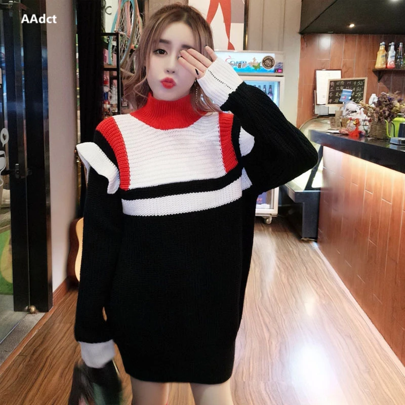 AAdct 2018 Autumn new women's fashion temperament color matching thick long sweater + stockings set female jumper Sweaters Sweaters