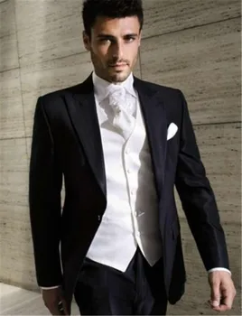 

Black Groom Tuxedos Groomsman Wedding Suits Ivory Vest Best Man 3 Piece Suits Business Prom Custom Made Suits