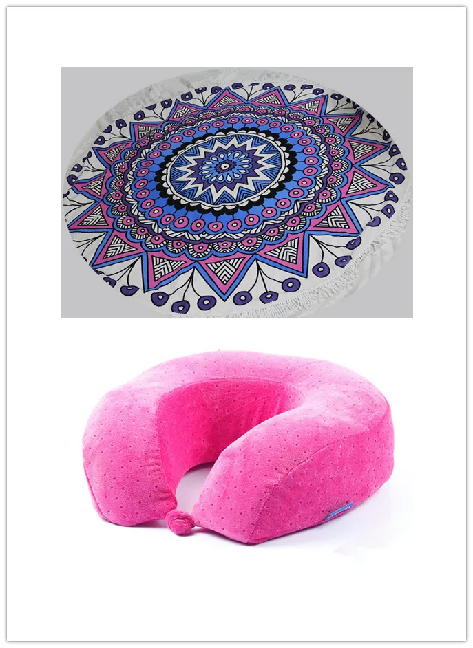 

1pc 150cm round beach towel beach with 1pc travel pillow U Shaped Memory Foam neck pillow travel towel microfiber beach towel