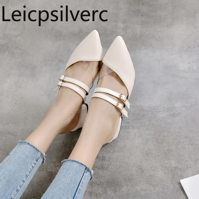 

Women's Slippers Spring and autumn The New fashion belt buckle Pointed Thick heel mid heel Women's shoes plus size 31-47