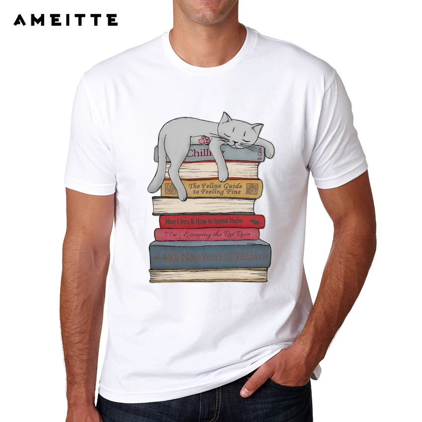 Funny Sleeping Cat T Shirt Fashion Customied School Books Printing T
