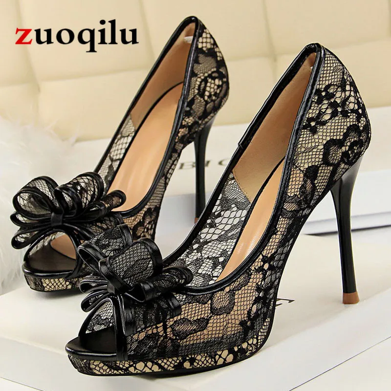 Sexy platform heels Peep Toe Lace Black high heels shoes White wedding shoes ladies sandals Pumps Women shoes 2019