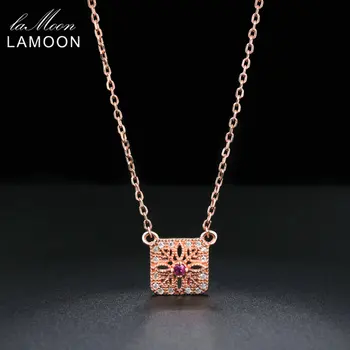 

LAMOON 2018 New Square Shape Natural Ruby 925 Sterling Silver Chain Pendant Necklace Rose Gold Color Wedding Jewelry LMNI019