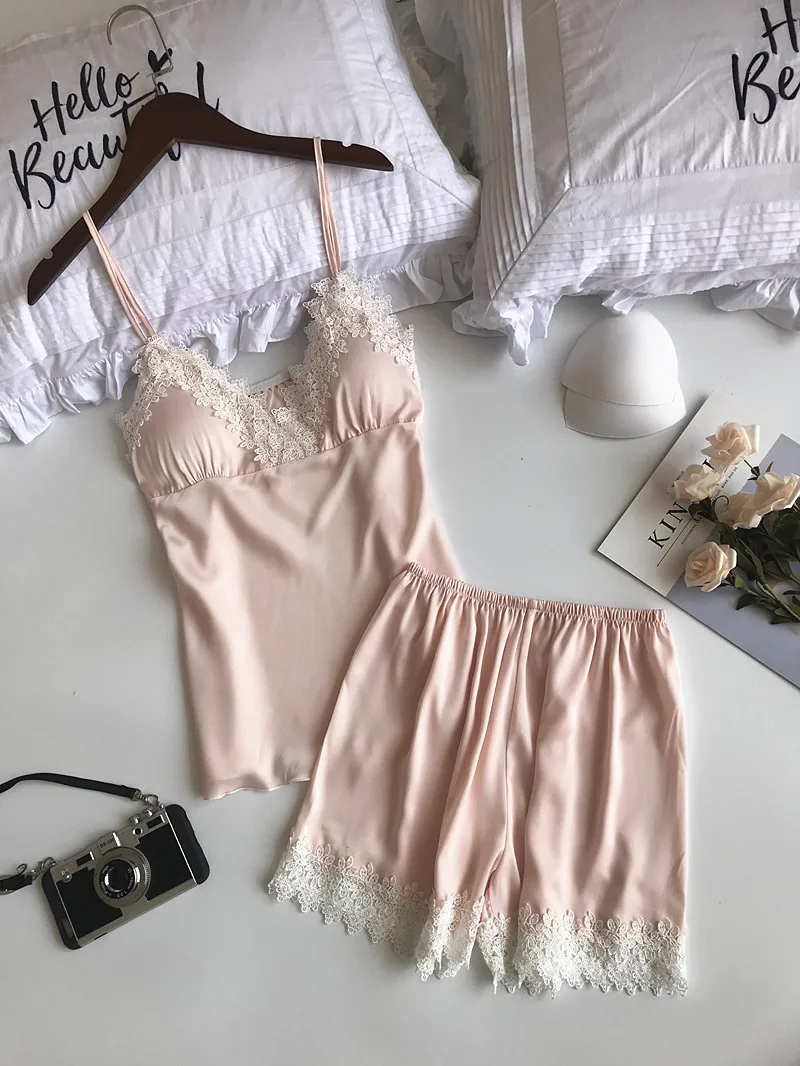 Queenral 3PCS Women's Pajamas Sets Sexy Silk Satin Pyjama Set Sleepwear Spring Home Wear Nightwear Female Sleep Lounge Pijama 1