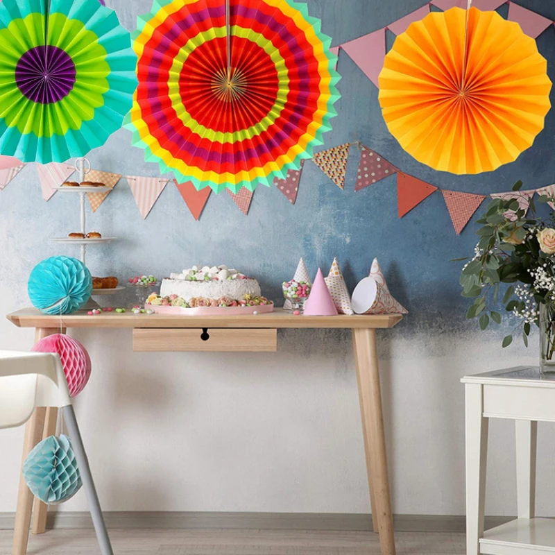 6pcs/set Thick Paper Fan Mexican Fiesta Party Paper Fan Flowers Decoration Hanging Paper Fan Backdrop DIY Party Decorations