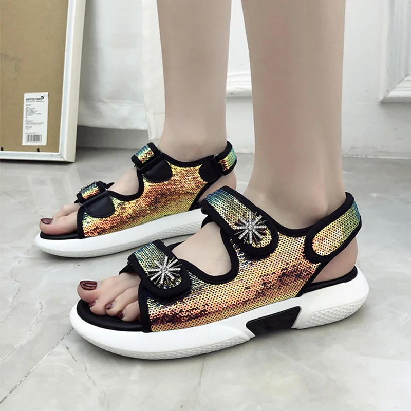 

Sandals female summer 2019 new sports shoes casual sequins magic stickers wild Roman women's shoes beach sports sandals women