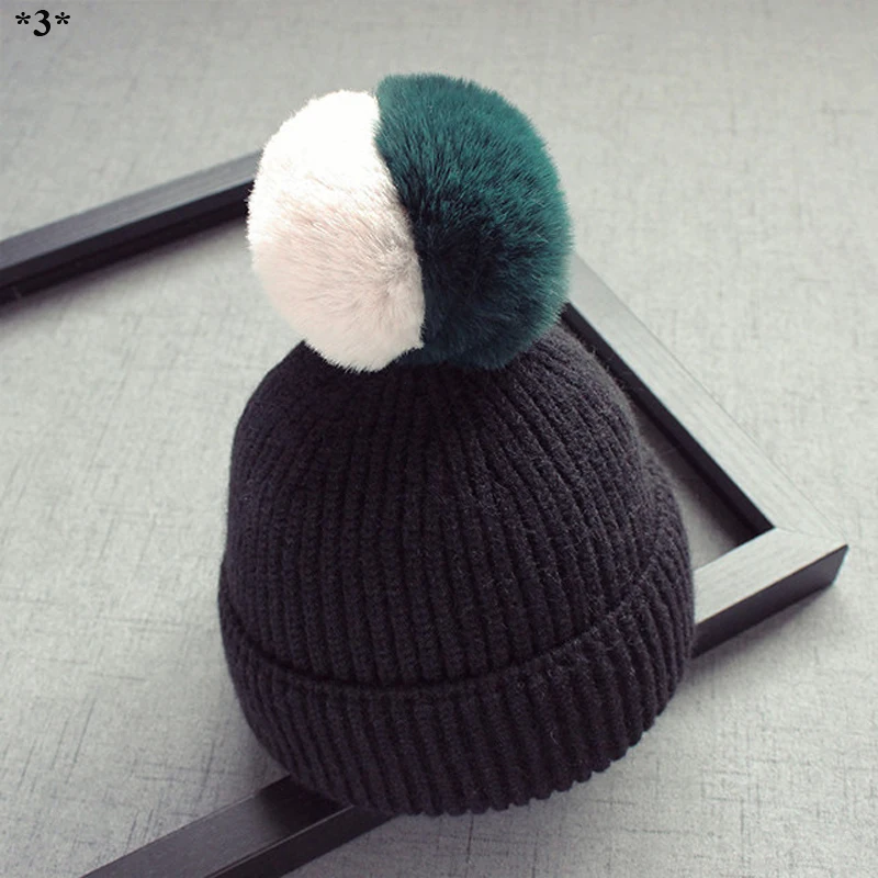От 1 до 3 лет Детские Зимние теплые трикотажные шапки для маленьких мальчиков и девочек, вязаные шапки ручной работы с помпонами, детские вязаные головные уборы