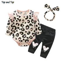 Partes de arriba conjunto de ropa para niñas pequeñas 2018 otoño ropa para niñas recién nacidas peleles estampados de leopardo diadema pantalones 3 uds conjunto de trajes