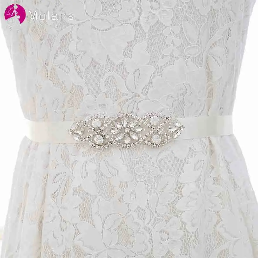 

MOLANS Simple Diamonds Silver Crystal Bride Belts for Wedding Dress Accessories Floral Bow Pattern with Satin Sash for Gown