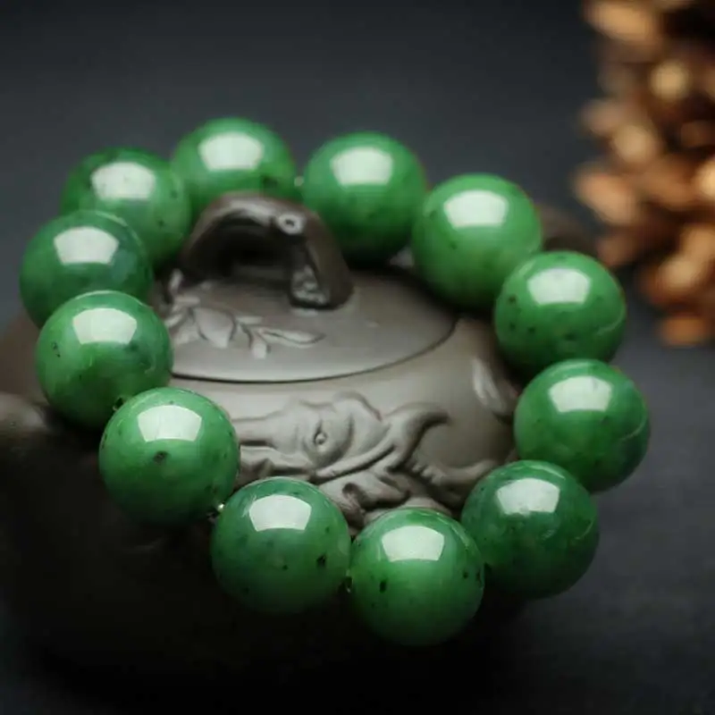 

KYSZDL Natural authentic Hetian green yu stone punk style men's yu stone 18MM round beads bracelet jewelry gifts