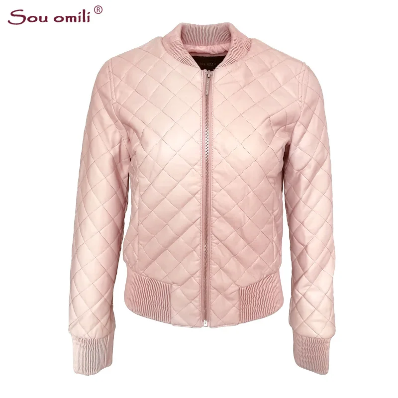 Женская Стеганая Кожаная куртка, черная куртка-бомбер из искусственной кожи, мотоциклетная куртка Jack, Женская куртка chaqueta leren damesjas - Цвет: pink pour