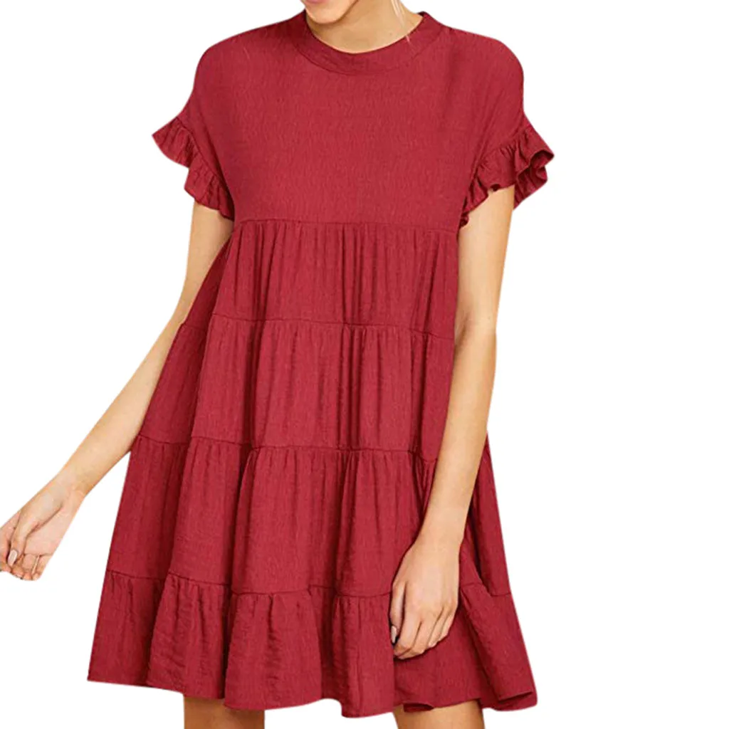 Women Summer Ruffle Sleeve Dress Casual Boho Solid Plain Short Sleeve A-Line Dress Female Loose Swing Party Mini Dress Vestidos