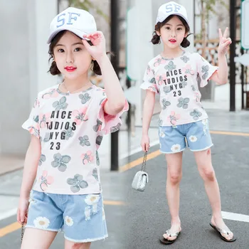 

Girls Summer Clothes Boutique Outfits Girls Clothing Set Kids Toddler Floral T Shirt + Denim Shorts 4 5 6 7 8 9 10 11 12 13 Year