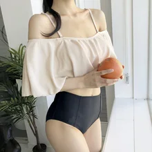 Женские двойка купальник сплошной Холтер от плеча собранное в сборки мягкий провода топ с черный низ с высокой талией Танкини комплект