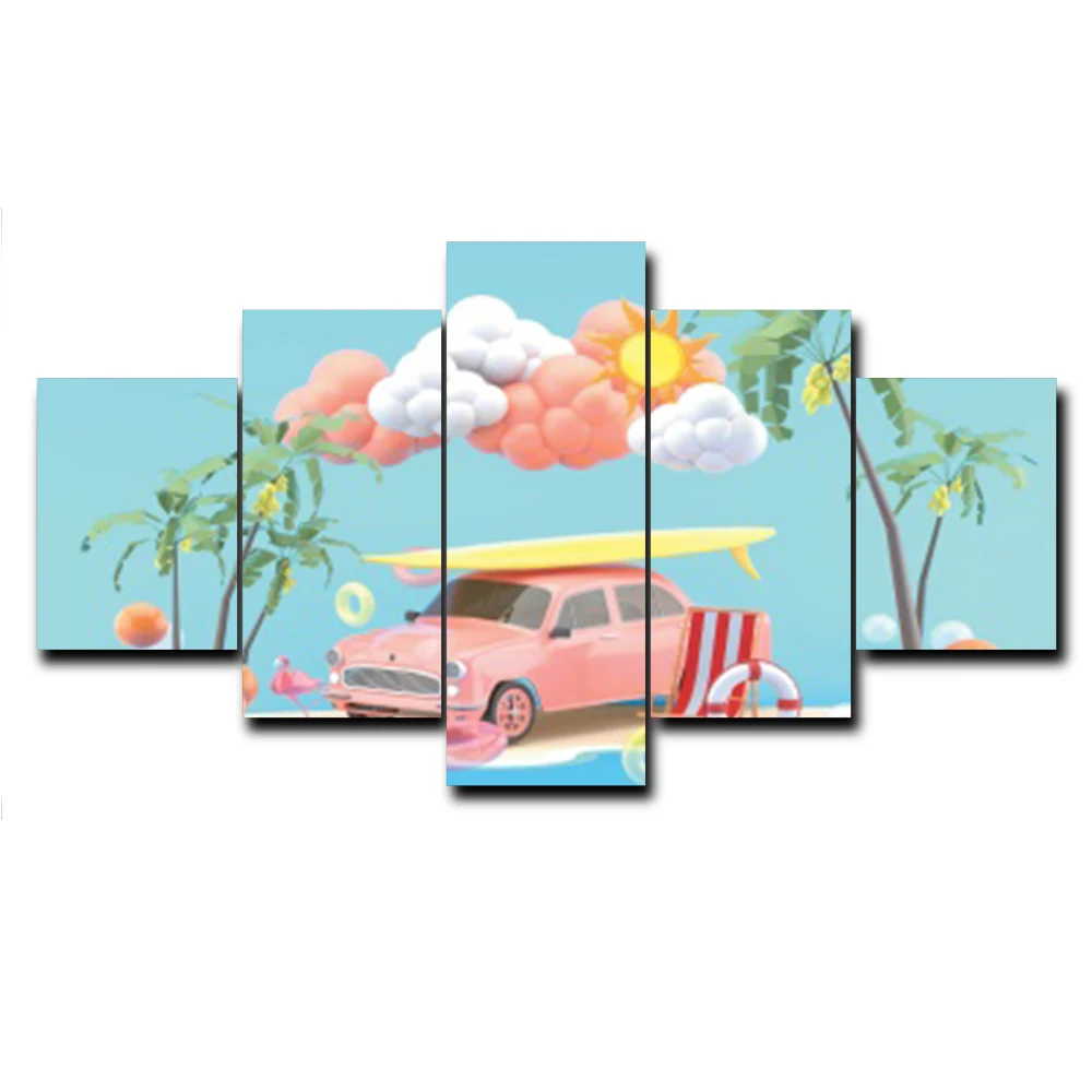 

5 Panel Cartoon Tropical Car Palm Tree Posters and Prints Art Canvas Painting for Living Room Kids Bedroom Home Decor No Frame