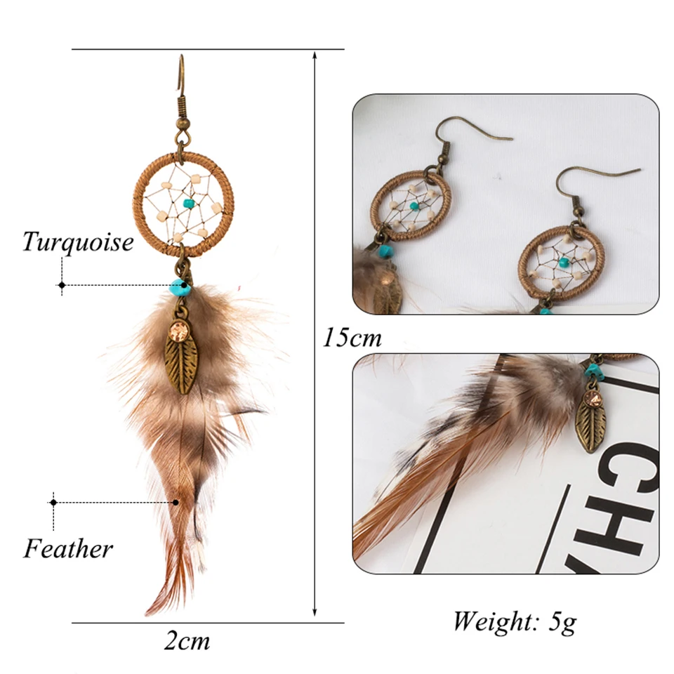 2019 Dream Catcher Alloy Feather Drop Earrings For Women Boho Handmade Fashion Long Feather Earring Charm Party Jewellery Gift