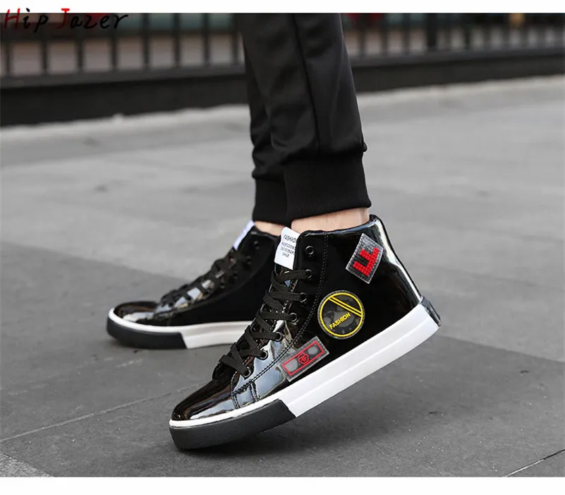 Мужские черные глянцевые туфли для отдыха наивысшего качества, обувь для скейтбординга, улица хип-хоп, спортивные кроссовки из искусственной кожи на резиновой подошве