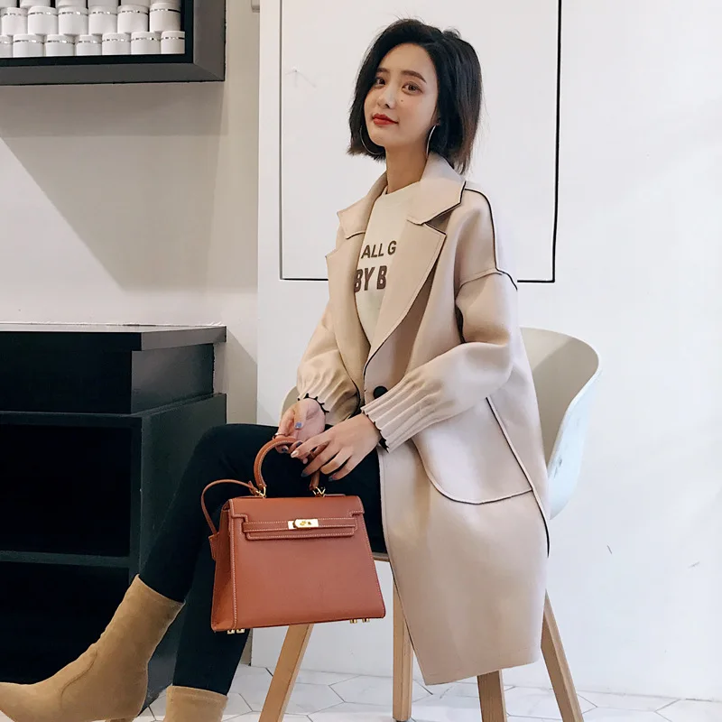 

Office Lady Long Wool Coat Single Button Wool Blend Coat and Jacket Turn-down Collar Pockets Women Coats Autumn Winter