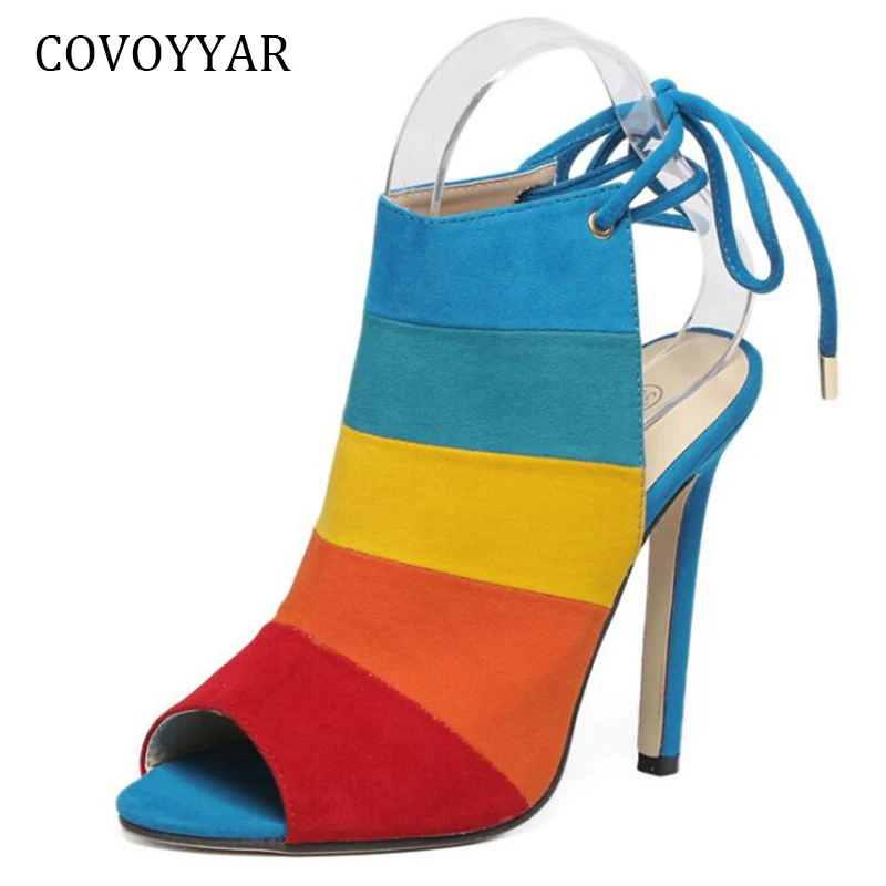 

COVOYYAR 2019 Sexy Peep Toe Women High Heels Summer Ankle Strap Slingback Lady Sandals Rainbow Patchwork Stilettos Shoes WHH650
