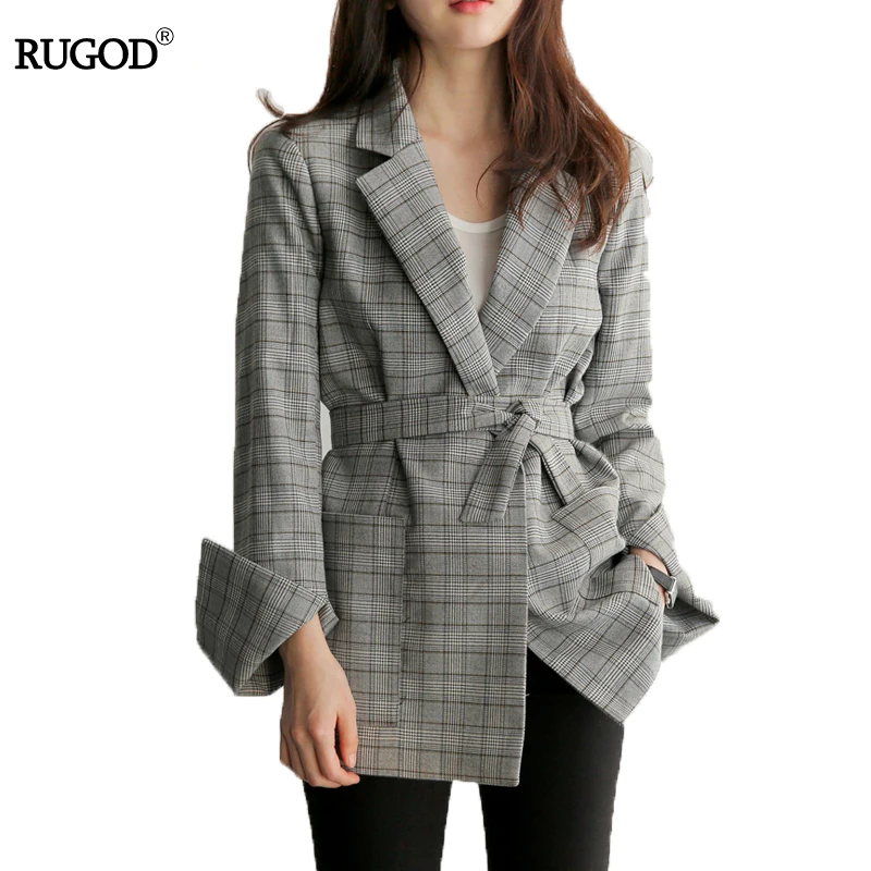 

RUGOD 2018 New Spring Gray Plaid Belted Office Lady Blazer Jacket Fashion Notched Collar Work Suit Elegant Work Blazers Feminino