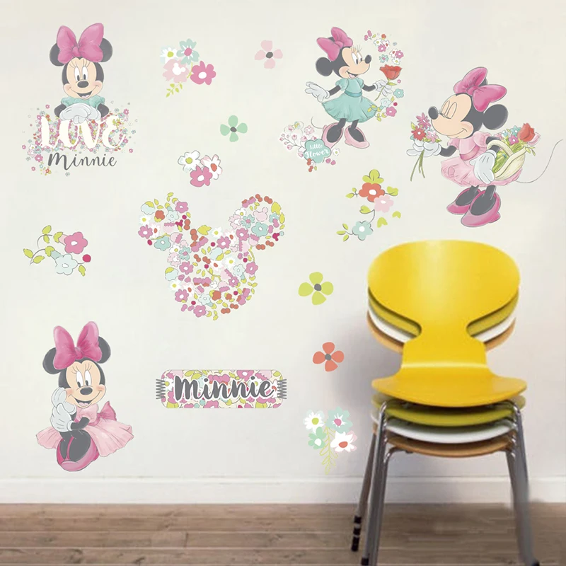 Lovely Disney Minie Mouse With Flower PVC Wall Stickers For Girls Room Party Decor Poster Cartoon Wall Mural Art Diy Home Decals
